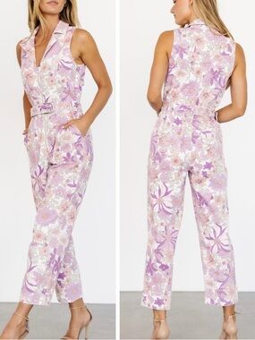 Ferne Boutique Floral Pastel Washed Sleeveless Utility Denim Jumpsuit Cotton S